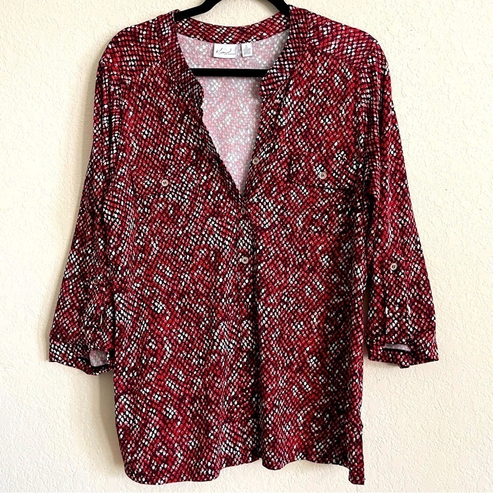 Kim Rogers speckled red casual button down blouse top size Large stretch comfort